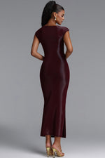 Load image into Gallery viewer, Denali Chic Contour Glitter Pleated Metal Decor Burgundy Maxi Dress