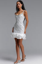 Load image into Gallery viewer, Francina Exquisite Contour Cami Strap Rhinestone Ruffle White Bandage Mini Dress