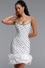 Load image into Gallery viewer, Francina Exquisite Contour Cami Strap Rhinestone Ruffle White Bandage Mini Dress