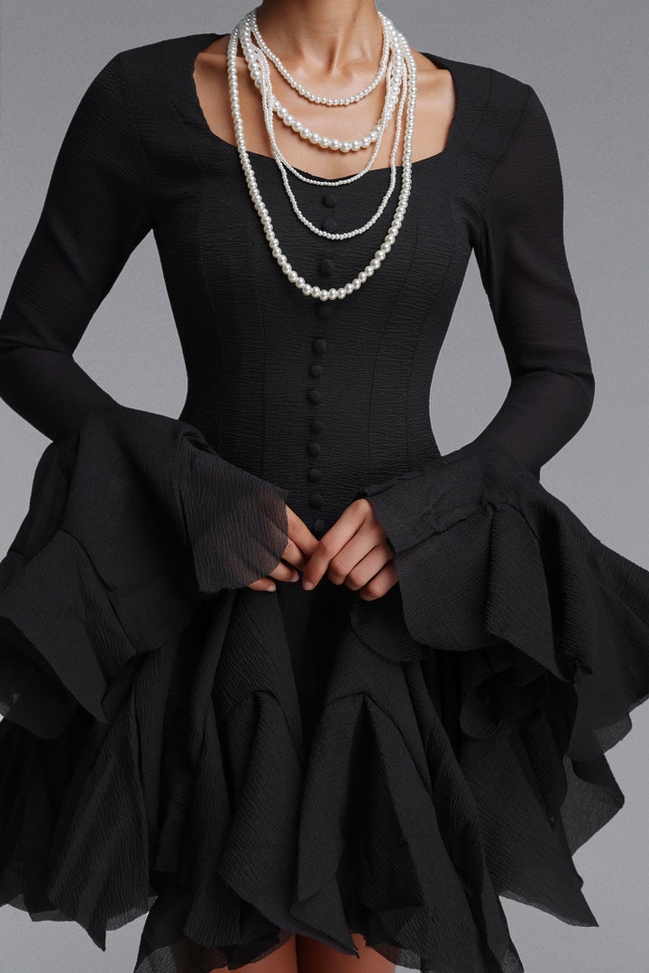Uhren Vintage Flowy Long Sleeve Ruffle Chiffon Mini Dress