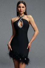 Load image into Gallery viewer, Elay Halter Sleeveless Cut Out Rhinestone Feather Bandage Midi Dress