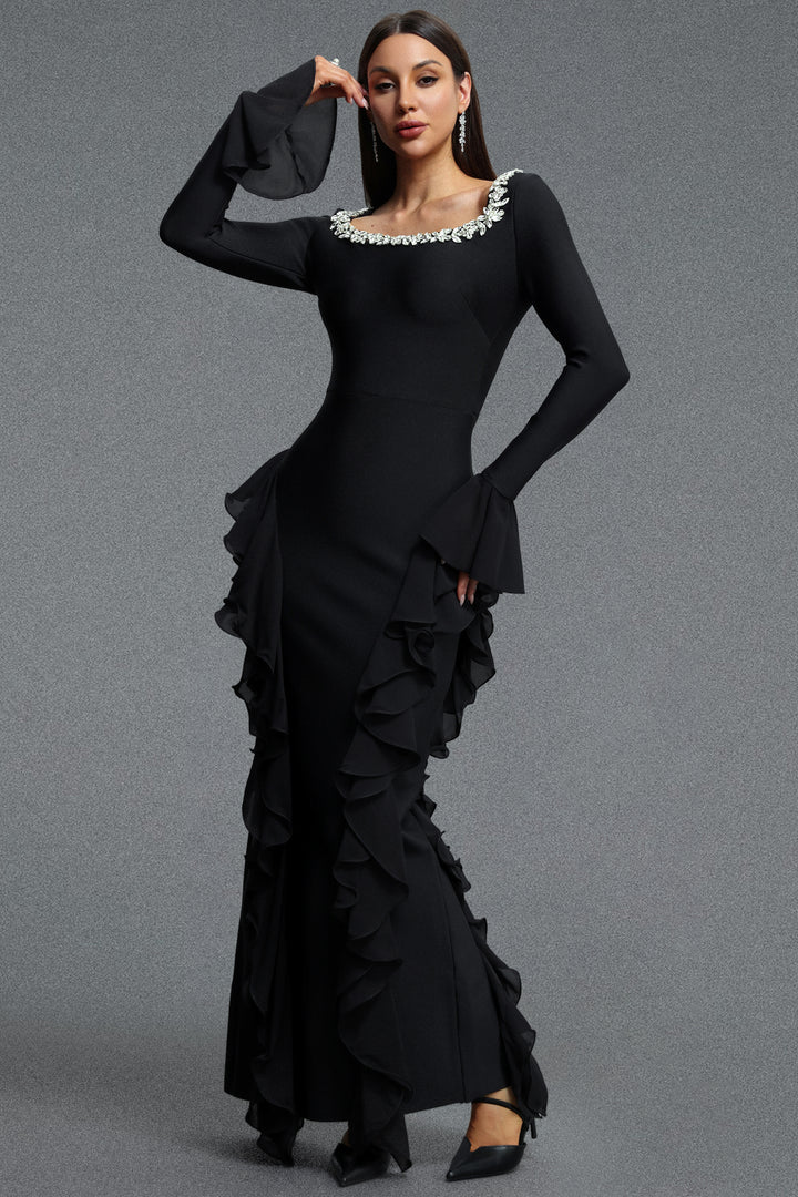 Mavis Elegant Luxurious Square Neck Long Sleeve Rhinestone Embellished Ruffle Bandage Maxi Dress