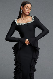 Mavis Elegant Luxurious Square Neck Long Sleeve Rhinestone Embellished Ruffle Bandage Maxi Dress