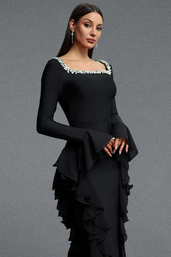 Mavis Elegant Luxurious Square Neck Long Sleeve Rhinestone Embellished Ruffle Bandage Maxi Dress