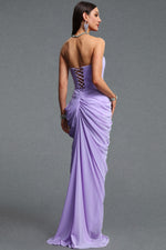 Load image into Gallery viewer, Tazeda Elegant Contour Strapless Ruched Mesh Purple Maxi Dress