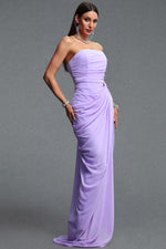 Load image into Gallery viewer, Tazeda Elegant Contour Strapless Ruched Mesh Purple Maxi Dress