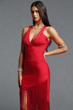 Load image into Gallery viewer, Emma Chic Contour V Neck Sleeveless Fringe Red Bandage Maxi Dress