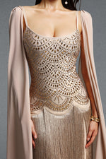 Load image into Gallery viewer, Ikara Elegant Spaghetti Strap Rhinestone Fringe Cape Bandage Maxi Dress