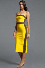 Load image into Gallery viewer, Lestie Minimalist Contour Straight Neck Gold Woven Bandage Yellow Midi Dress