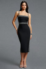 Load image into Gallery viewer, Lestie Minimalist Contour Straight Neck Silver Trim Woven Bandage Midi Dress