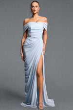 Load image into Gallery viewer, Tazeda Elegant Contour Off Shoulder Ruched Slit Mesh Maxi Dress