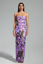 Load image into Gallery viewer, Eugenia Flr Sequins Strapless Mesh Dress - Purple