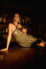Load image into Gallery viewer, Raola Glamorous Contour Halter Rhinestone Sequin Feather Maxi Dress
