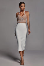 Load image into Gallery viewer, Cornelia Pearl Halter Bandage Dress - Beige - Bellabarnett