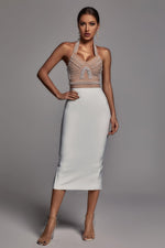 Load image into Gallery viewer, Cornelia Pearl Halter Bandage Dress - Beige - Bellabarnett