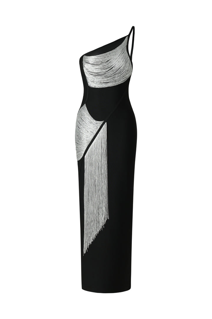 Roanna One Shoulder Sleeveless Tassels Bandage Maxi Dress