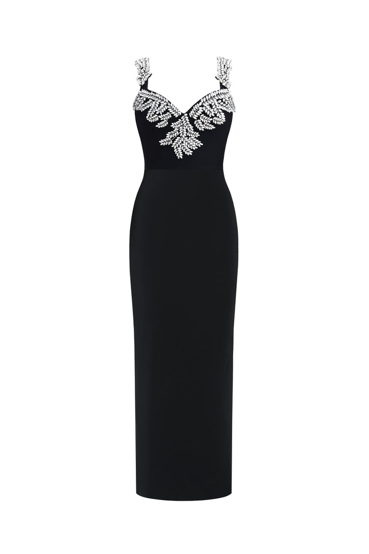 Lila Elegant Contour Spaghetti Strap V Neck Large Leaf Rhinestone Bandage Midi Dress