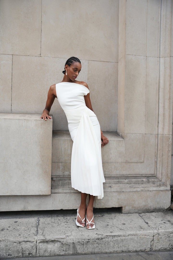 Paulina Oblique Shoulder Sleeveless Folds Midi Dress