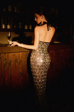 Load image into Gallery viewer, Raola Glamorous Contour Halter Rhinestone Sequin Feather Maxi Dress