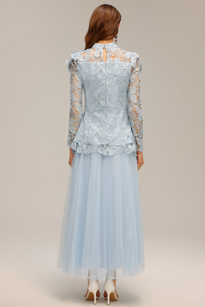 Sabina Long Sleeve Folds Lace Butterfly Top And Skirt Two-Piece Set