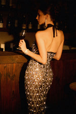 Load image into Gallery viewer, Raola Glamorous Contour Halter Rhinestone Sequin Feather Maxi Dress